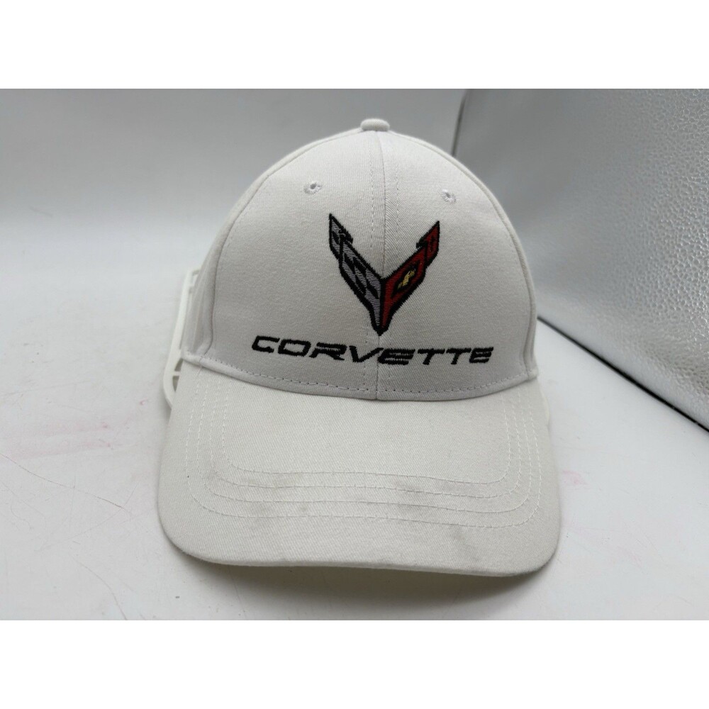 Corvette C8 Crossed Flags White Embroidered Baseball Cap Cap America Adjustable